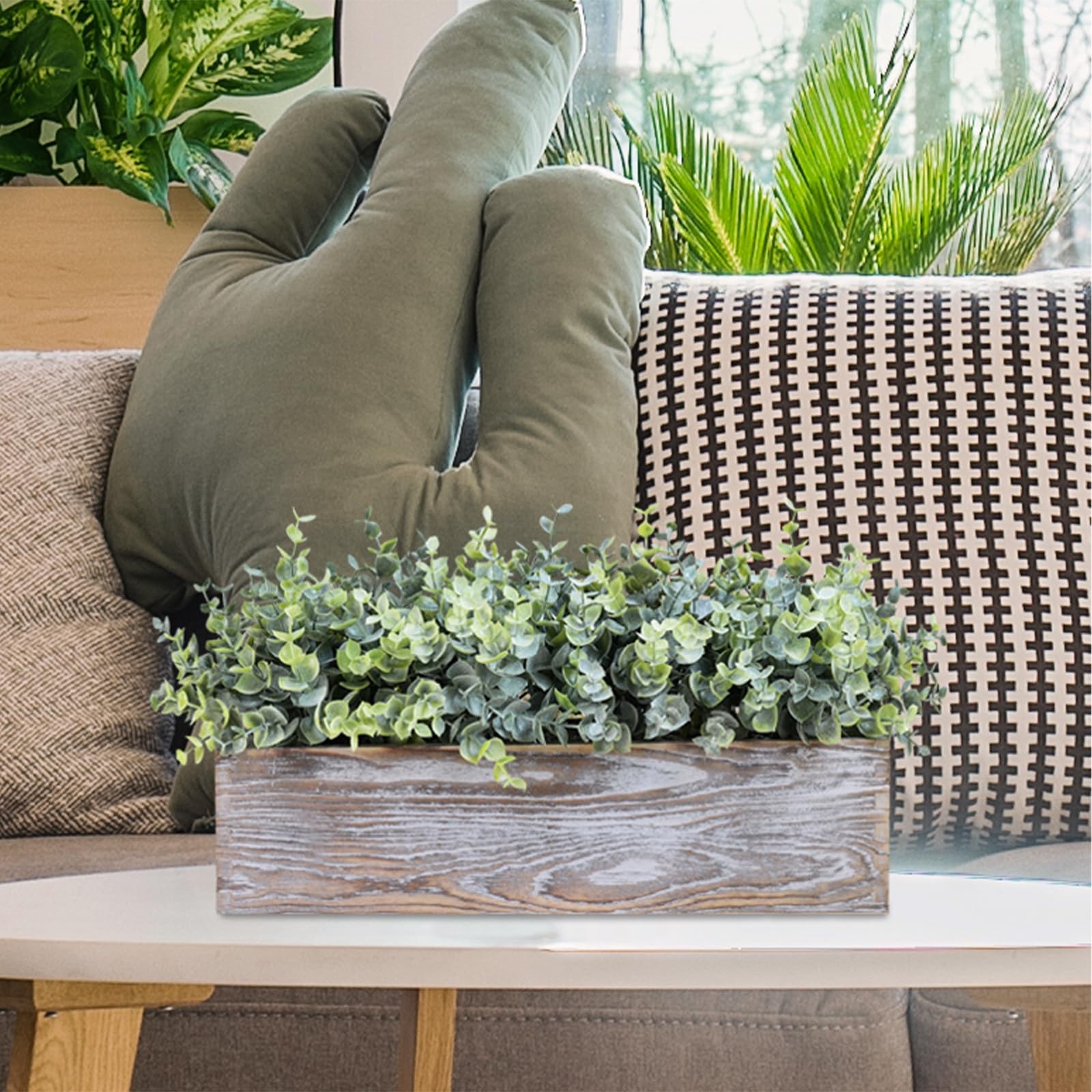 14″ Artificial Eucalyptus in Rustic Rectangular Wooden Planter Faux Potted Eu…