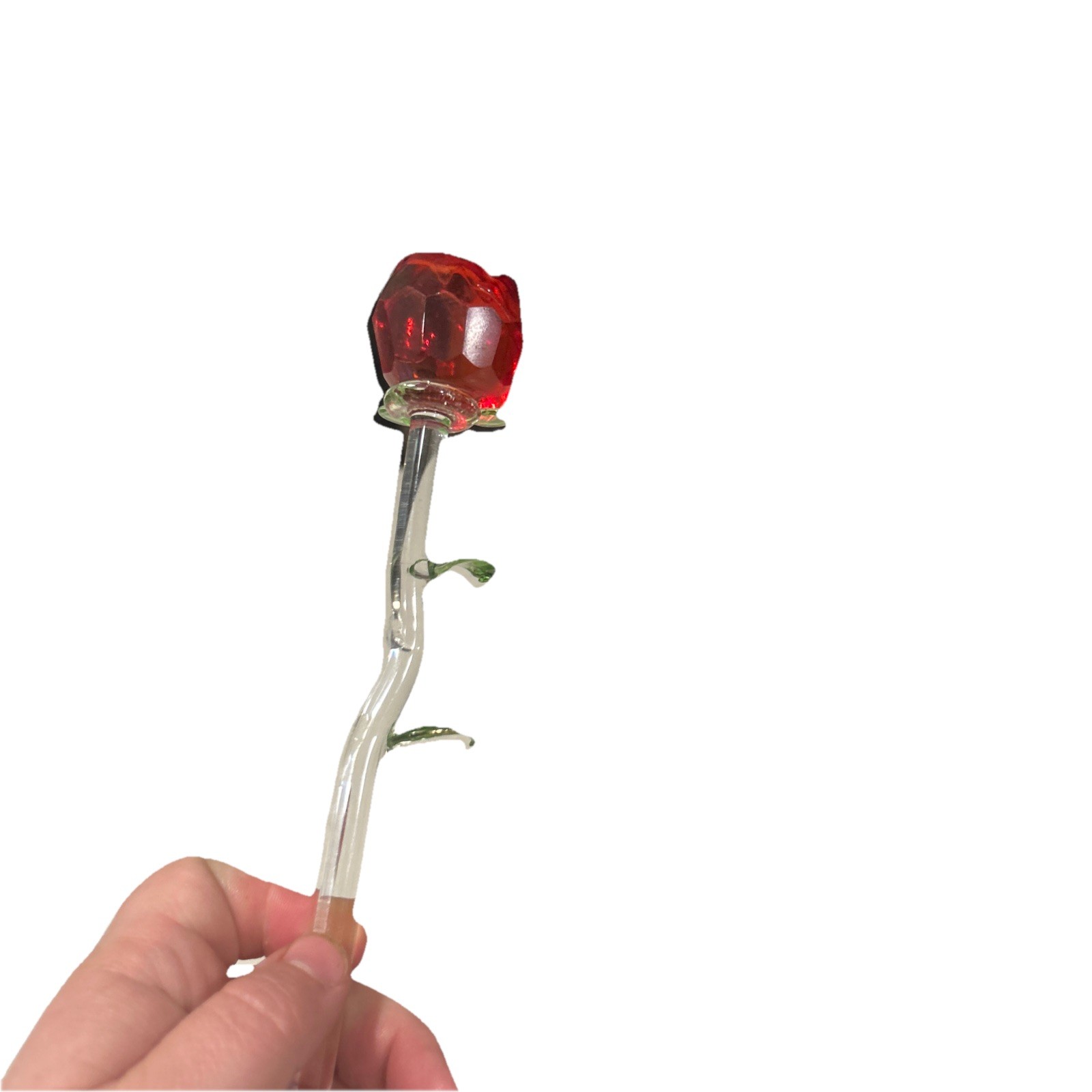 Lot 2 Crystal Glass Red Rose Clear Green Stem 13” In Tact (missing some petals)