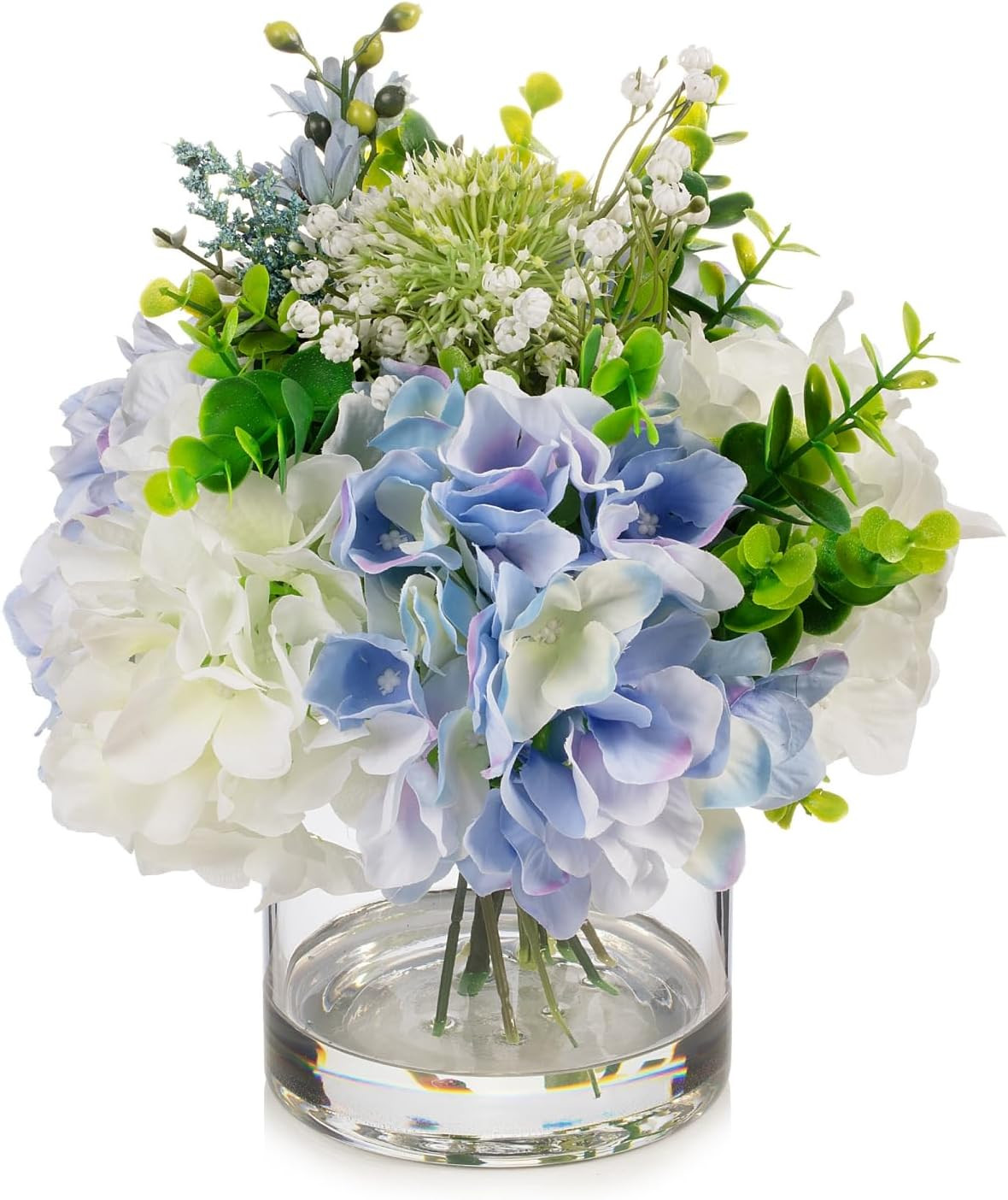 Artificial Hydrangea Flowers in Vase, Mixed White and Blue Silk Hydrangea in Vas