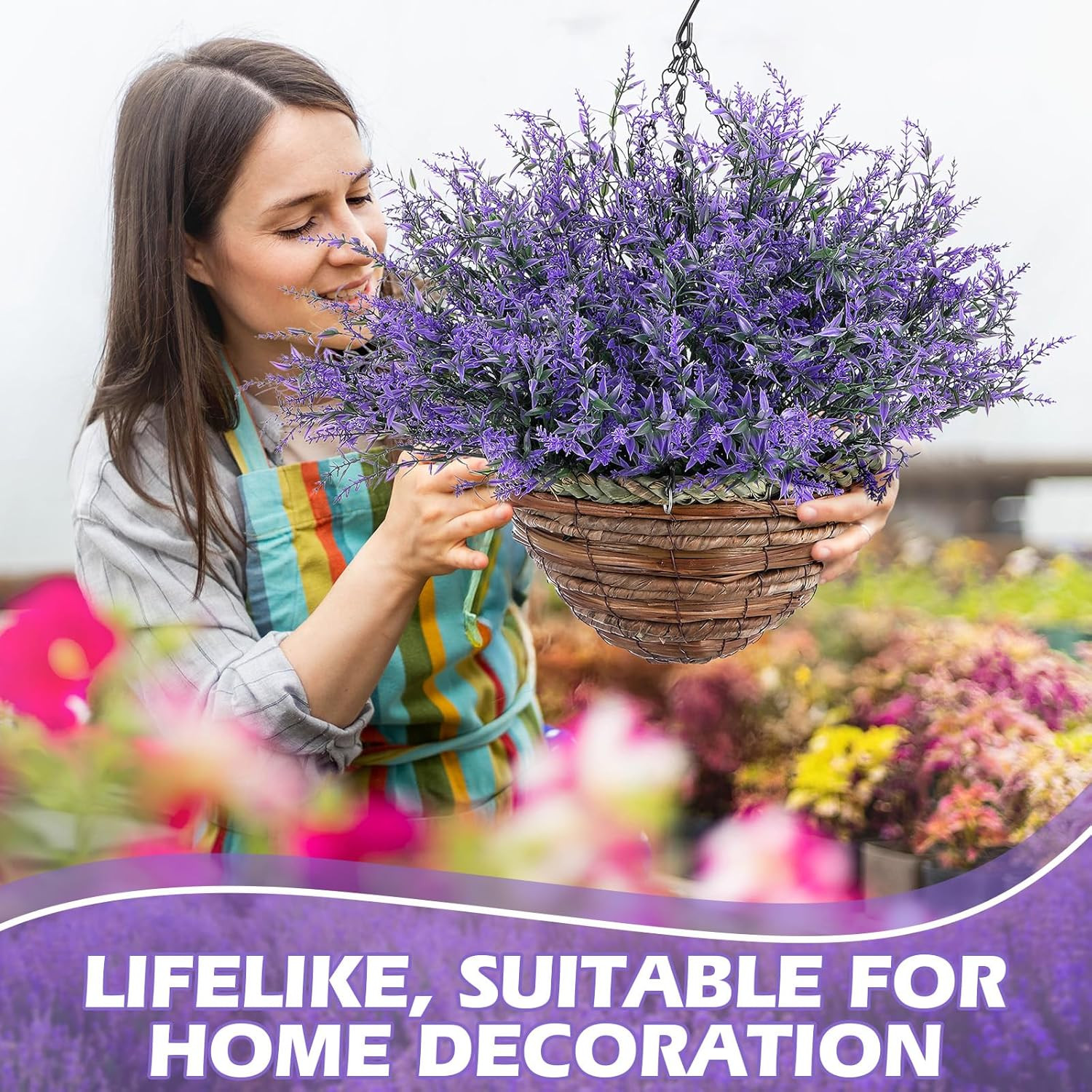 Purple Artificial Lavender Flowers in Hanging Baskets for Indoor/Outdoor Decor