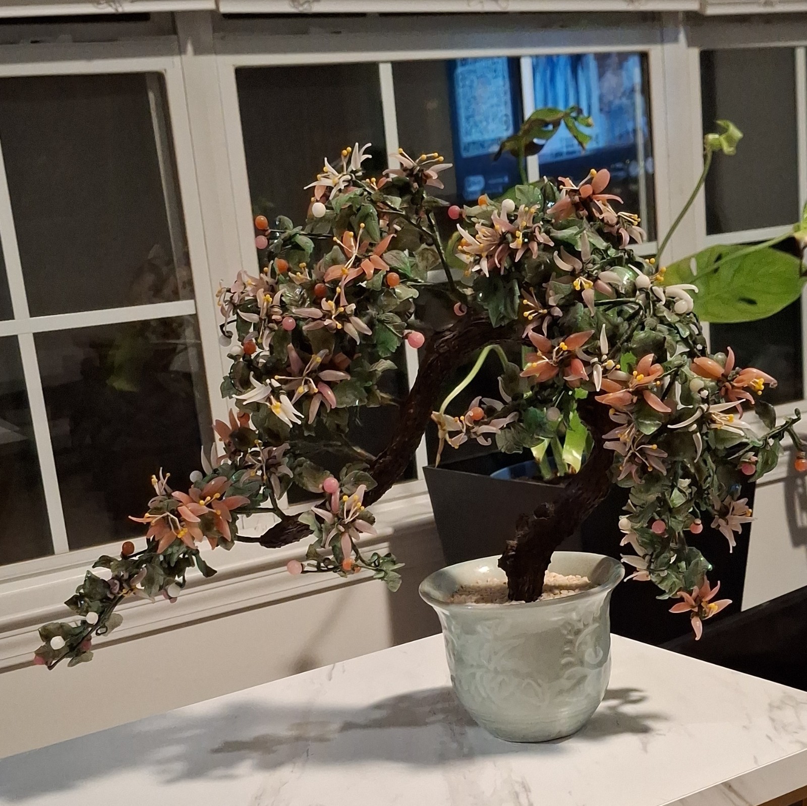 Vintage XLarge Chinese Jade Quartz Bonsai Tree Celadon 19×36” CHERRY Blossoms.
