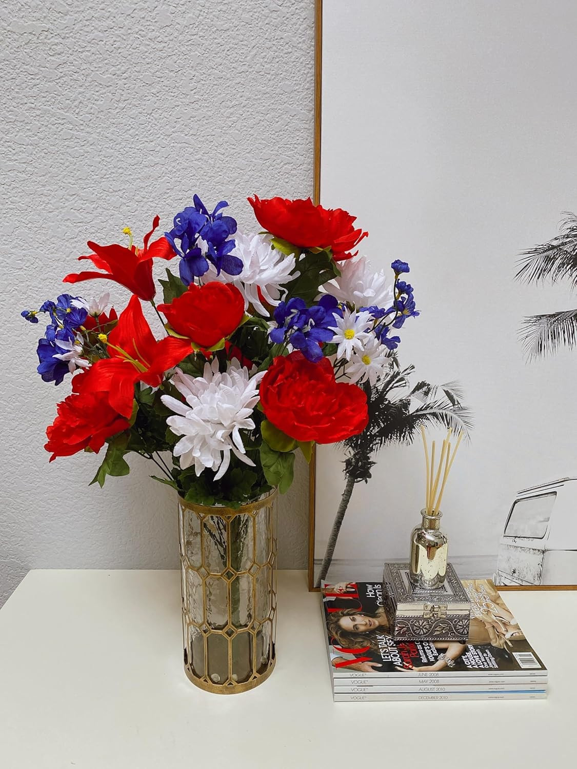 24 Stems 2Pcs Artificial Flower Peony Lily Mum Patriotic Memorial Bouquet Cemete