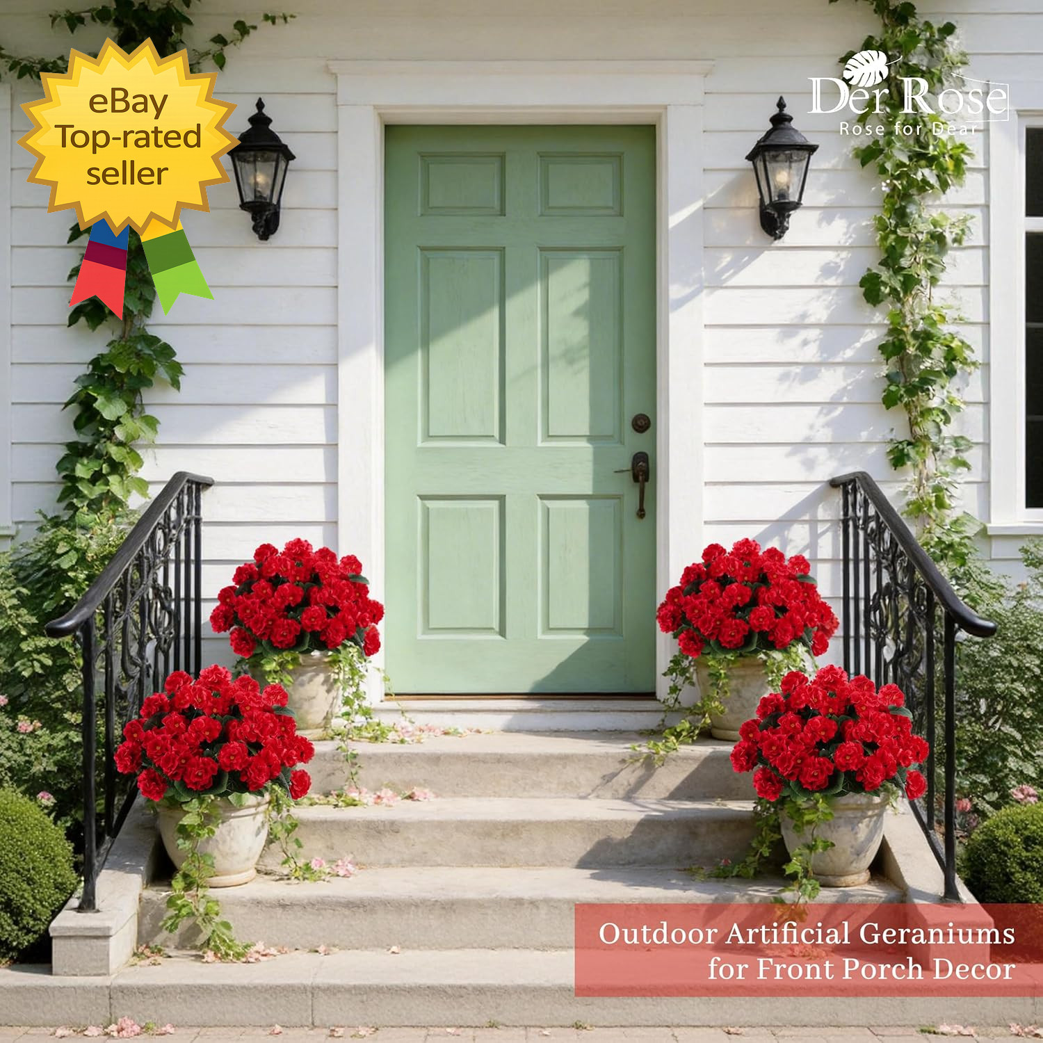 6 Pack Red Artificial Geranium Flowers UV Resistant Faux Outdoor Patio Decor