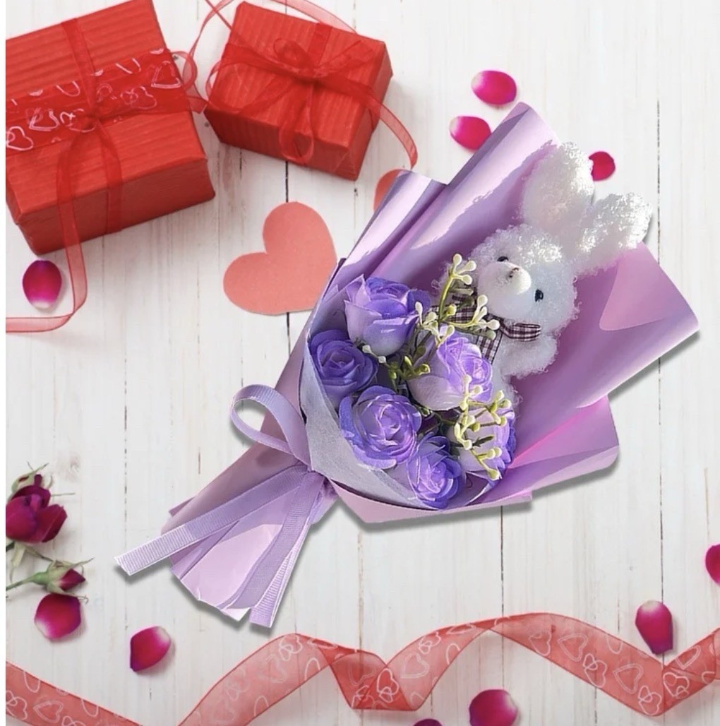 Bunny Bouquet,Stuffed Animal with Artificial Rose Flower Bouquet- Purple NEW