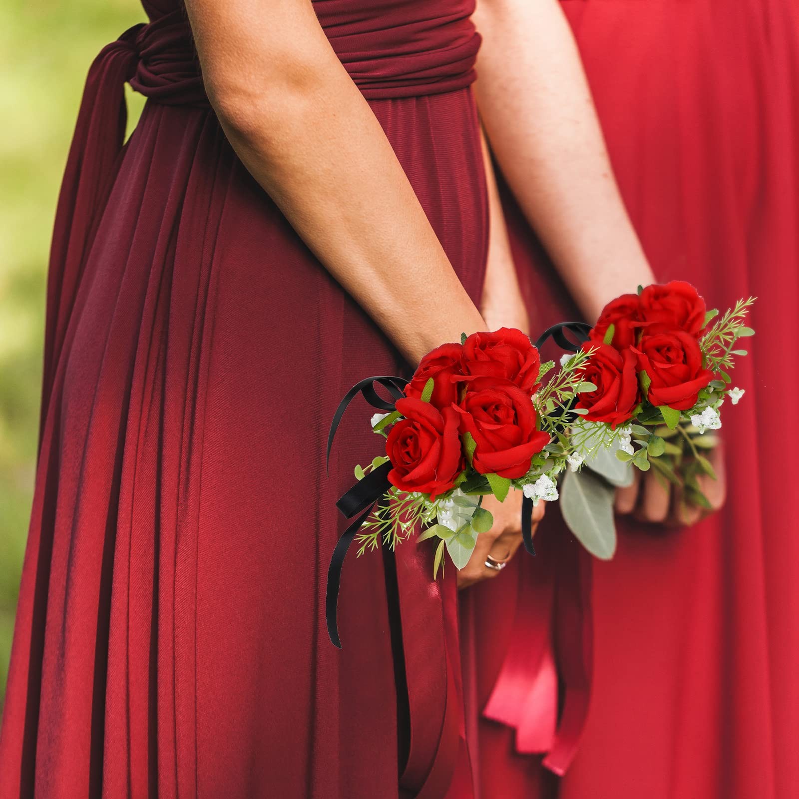 2 Pcs Boutonniere Wrist Corsage Set Artificial Rose Wine Red Corsage