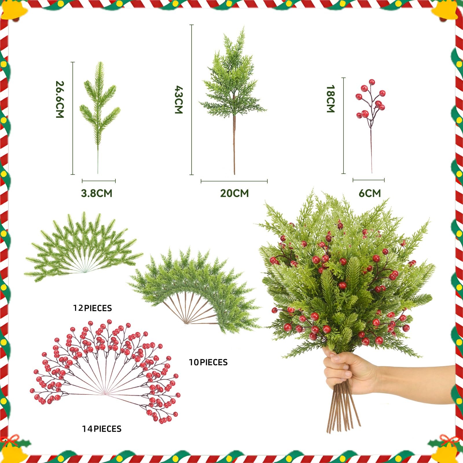 36 Pcs Pine Branches with Red Berries and Cypress Grass – 18 Inch Artificial …