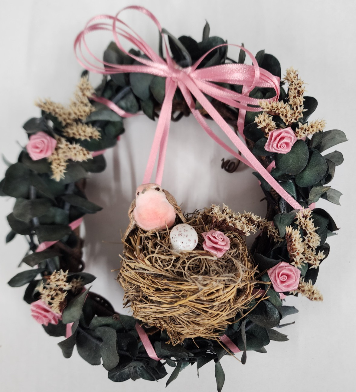 Vintage Small Bird Nest Wreath Wall Hanging Cottagecore Floral Pink Ribbon