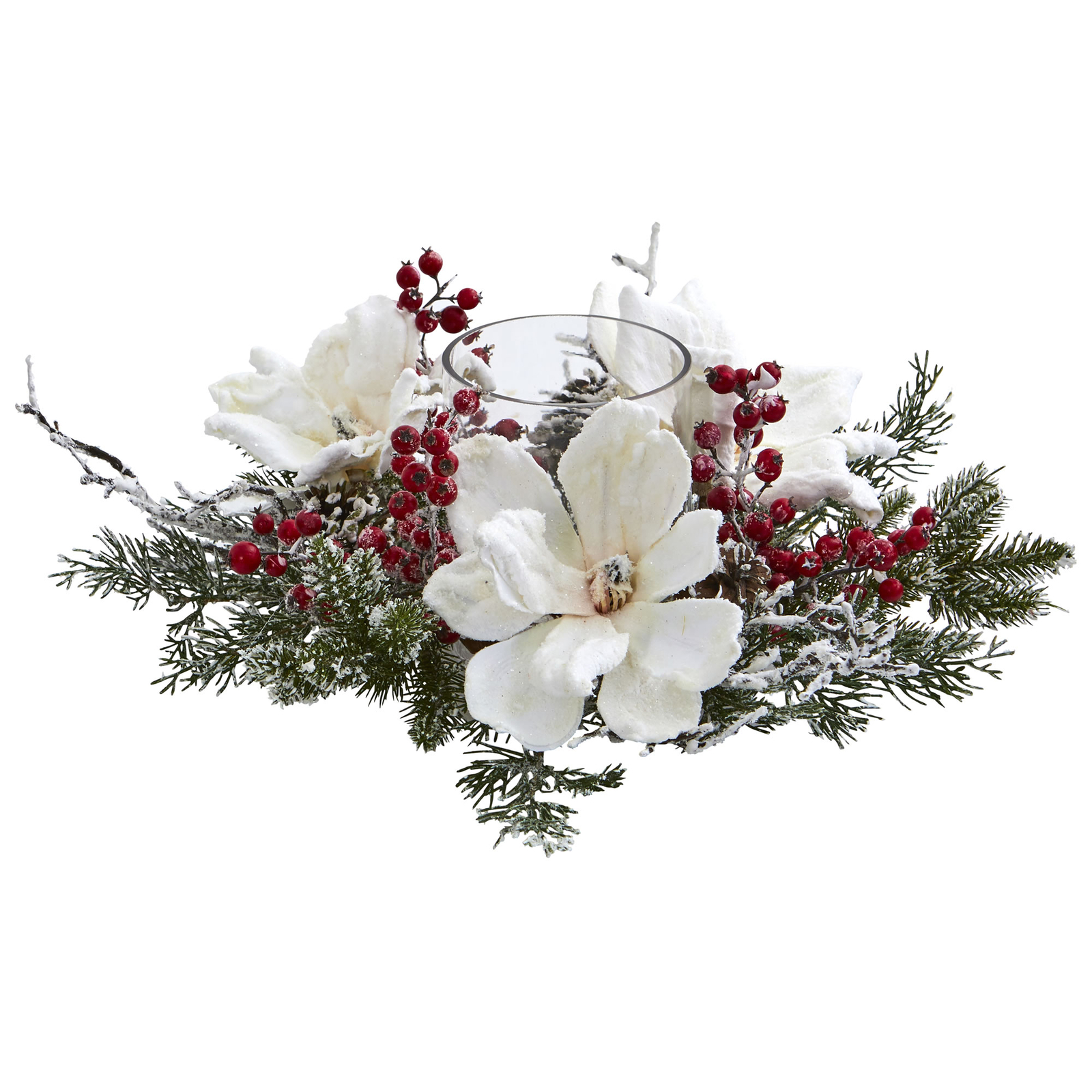 Frosted Magnolia & Red Berry Artificial Arrangement Candelabrum Festive Holiday