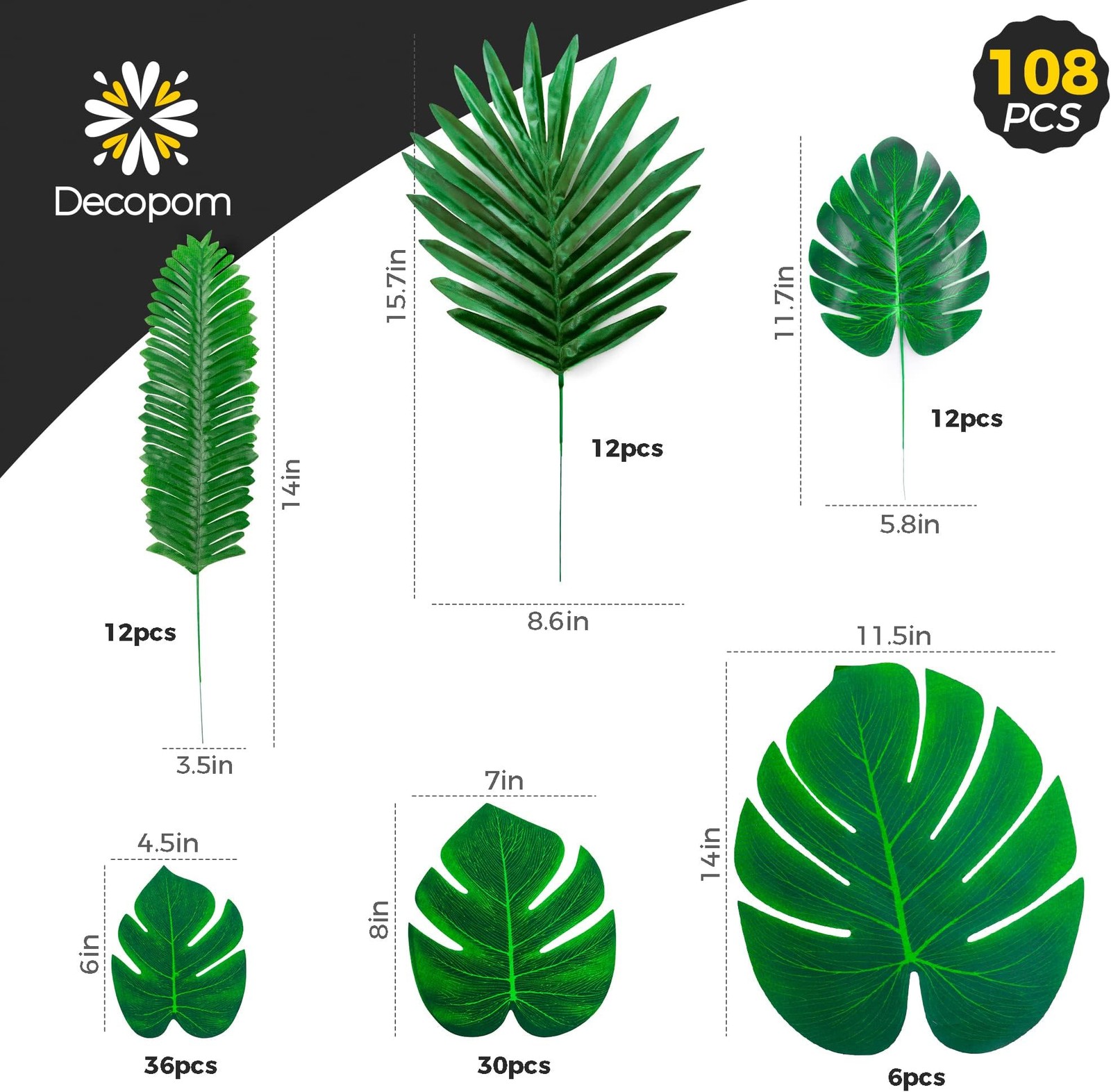 108 Pack Palm Leaves Artificial Tropical Monstera – 6 Kinds Large Small Green…