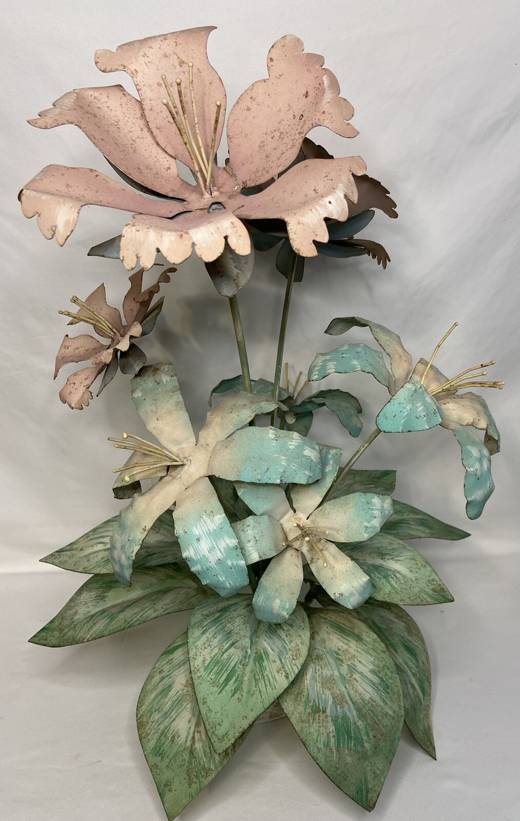 Vintage Metal Flower Arrangement 19” Tall Pink, Blue, Green **READ