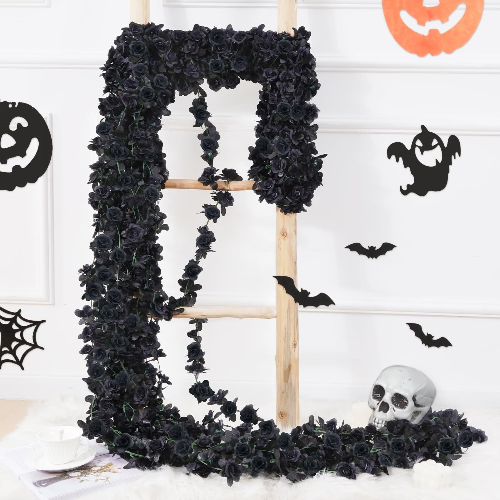 BLEUM CADE 2Pcs 16.4Ft Flower Garland Artificial Rose Vines for 2 Pcs, Black