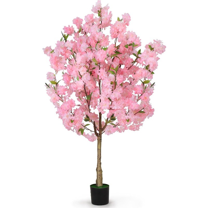 4/6FT Tall Cherry Blossom Artificial Tree, Fake Tree w/Plastic Nursery Pot, Pink
