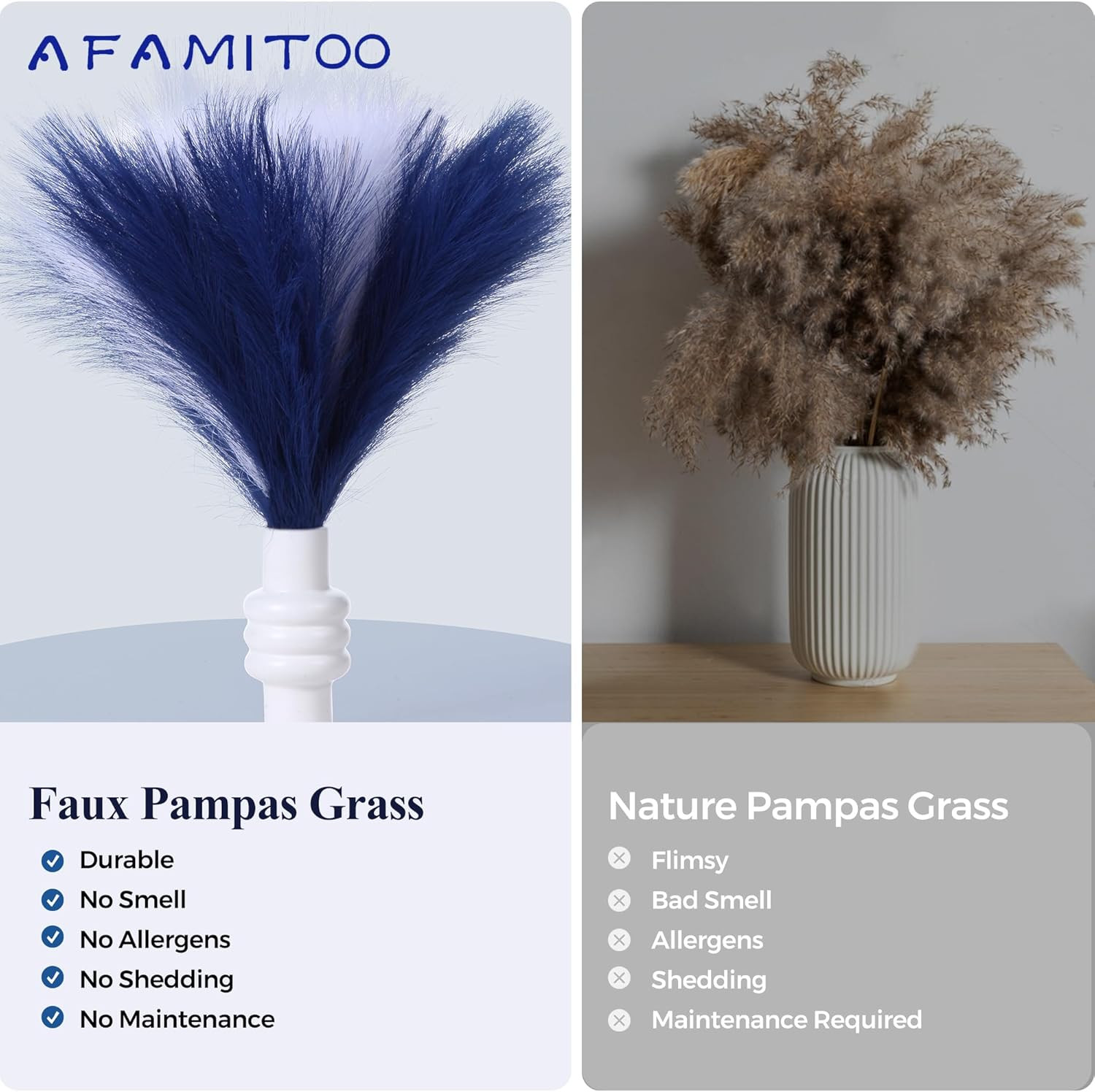 Blue Pampas Grass Decor 17.7 Inch 6 Pcs, Faux Pampas Grass White for Living Room