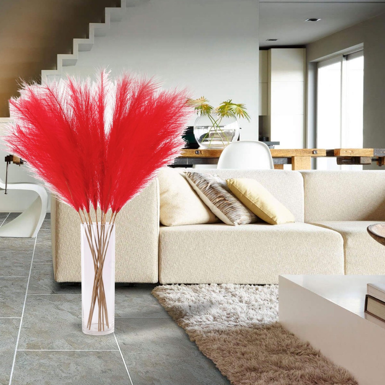 12 Pcs Red Faux Pampas Grass Decor 38″/3.1FT Tall Fake Pompas Floral Large Ar…