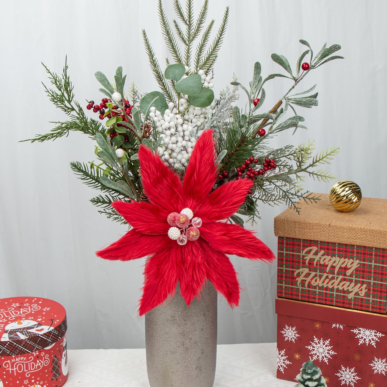 4PCS Poinsettias Artificial Christmas Flower Picks 11.8 Inch Large Plush Fake…