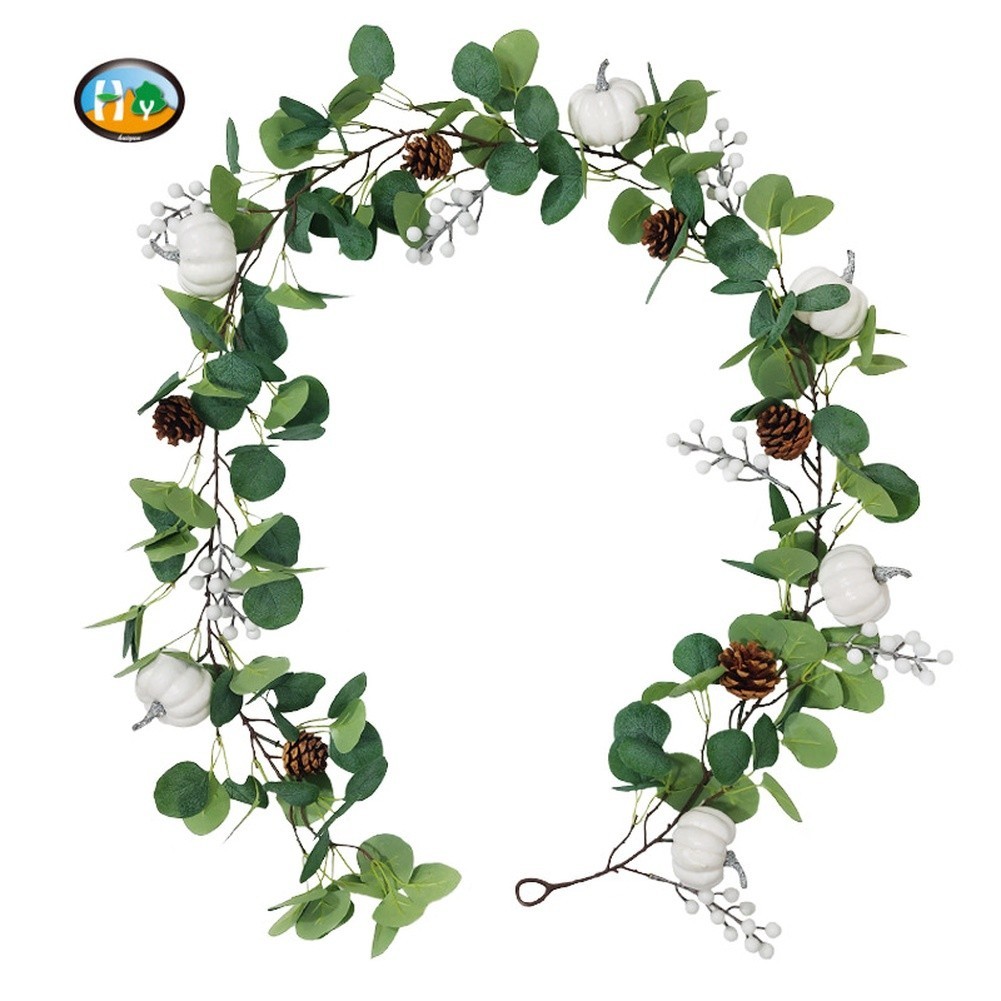 Artificial Pumpkin Vine Decor Winter Harvest Fall Wreath with Pinecones White