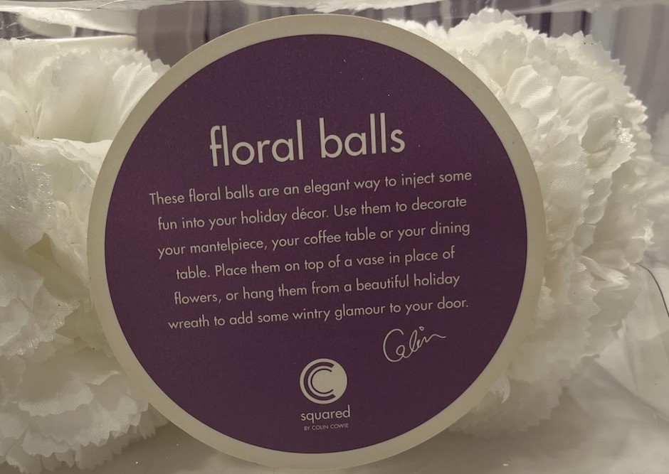 Squared By Colin Cowie Decorative White Floral Balls With Ribbon Hanger NOS