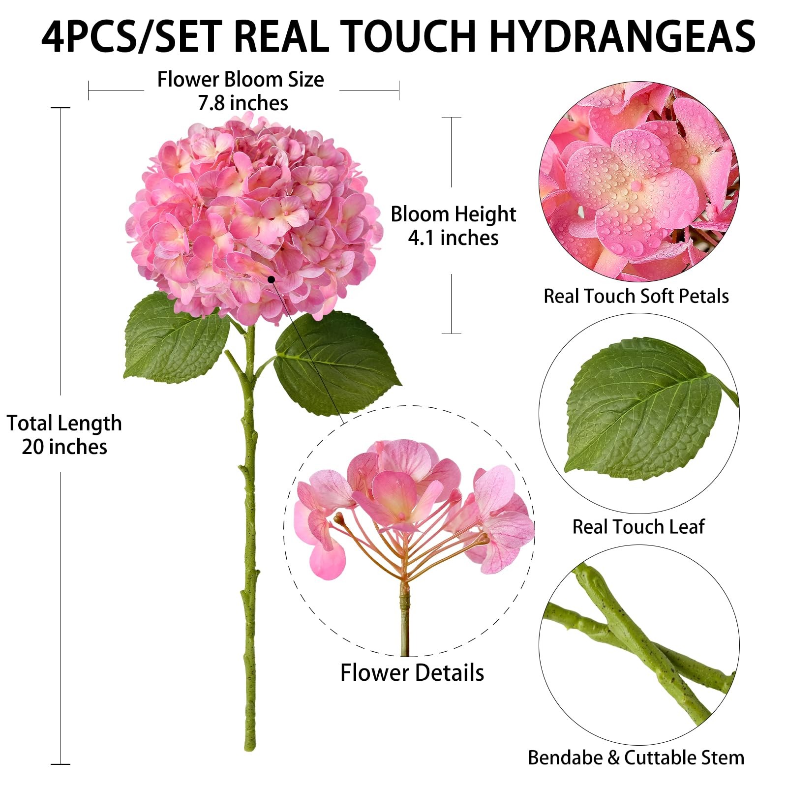 4 Pcs 20” Real Touch Hydrangeas Pink Artificial Hydrangeas Flowers Faux Late…