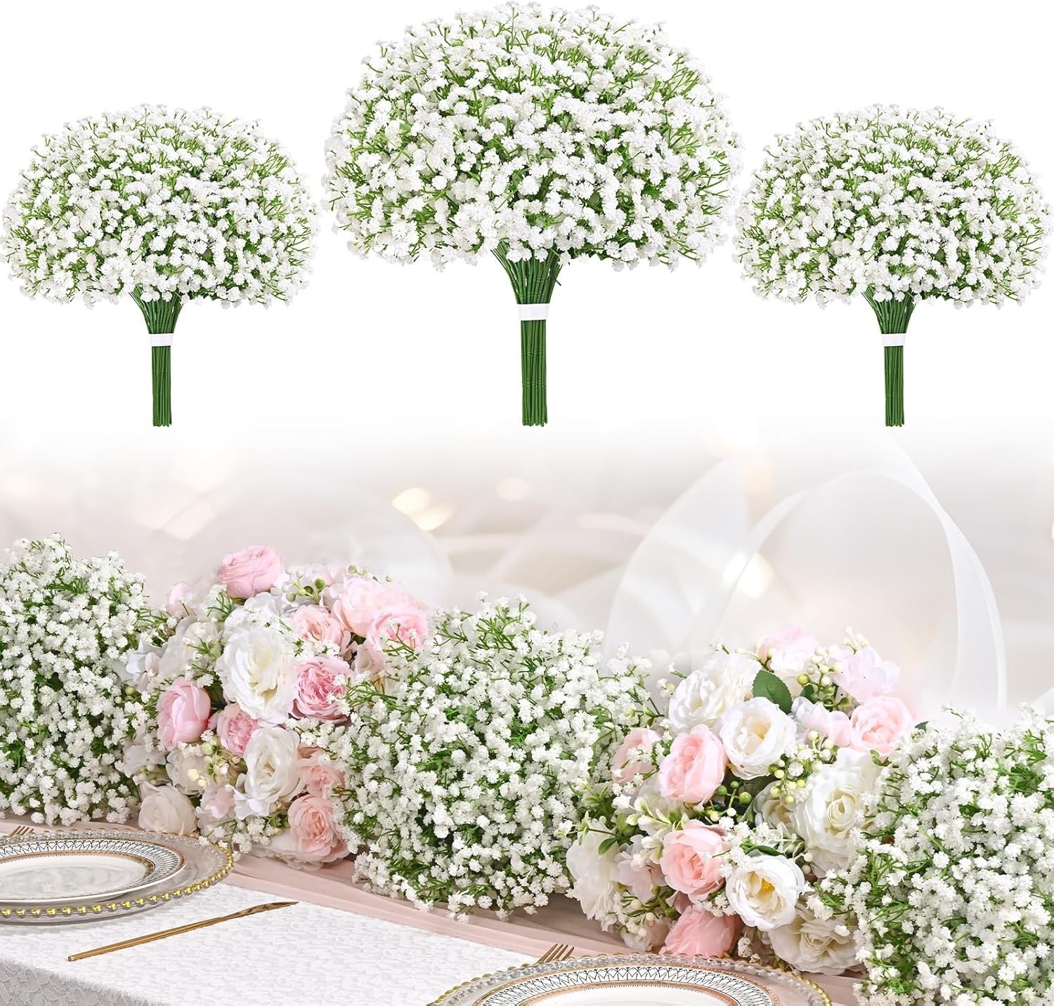 54Pcs Baby Breath Artificial Flowers Gypsophila Faux White Flowers Wedding Decor