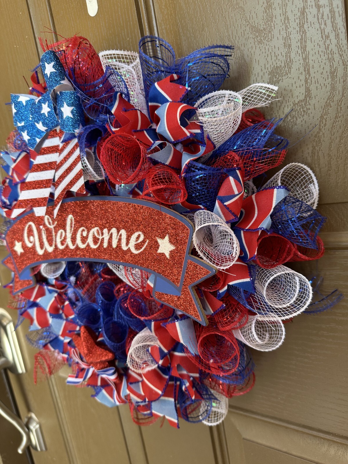 Deco Mesh Summer Patriotic Welcome Wreath 4th of July Medium size 17″