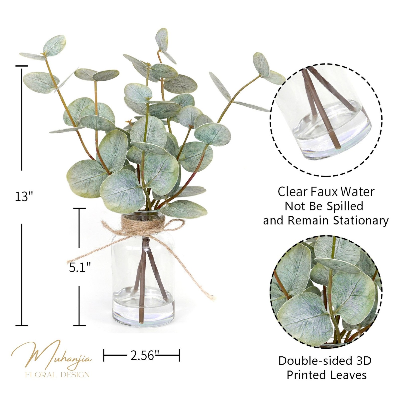 Artificial Eucalyptus Stems in Glass Vase with Faux Water,3Pcs Fake Plant wit…