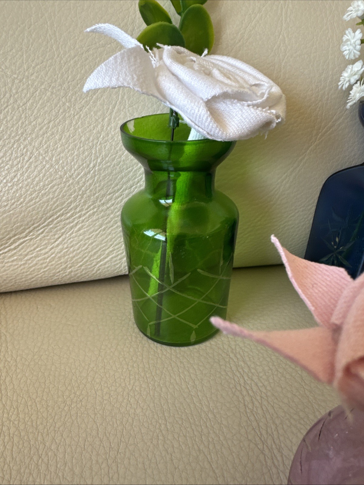 Five Small Upcycled 3 1/2” Vases With Coordinating Colors Handmade Denim Roses