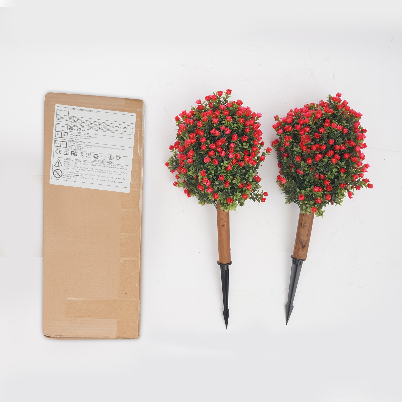 2* Artificial Boxwood Topiary Ball Trees Set with Red Flowers for Indoor/Outdoor