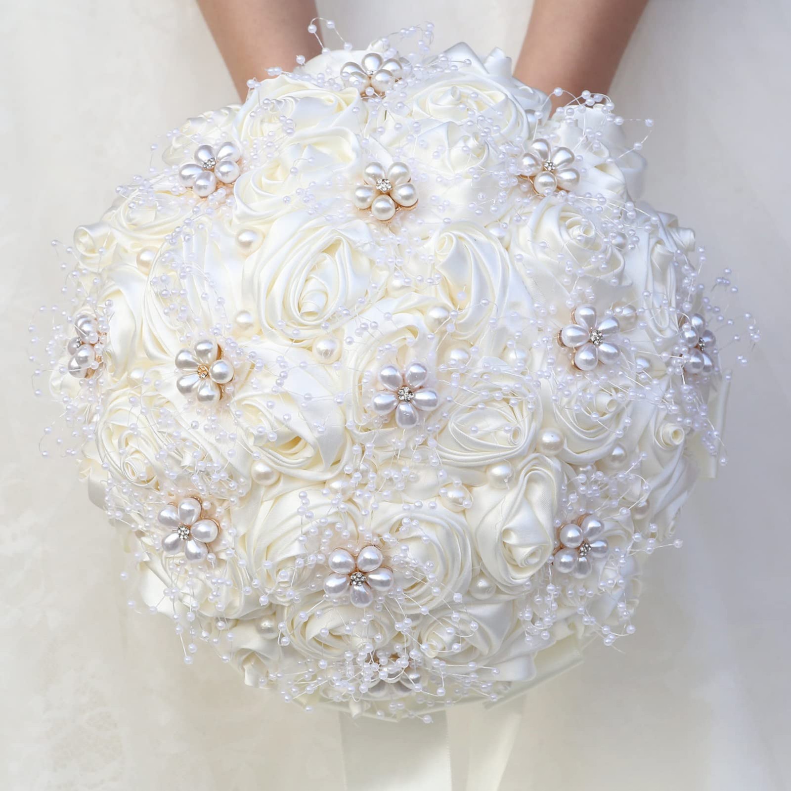 Ivory Bridal Wedding Bouquet Handmade with Rhinestone Pearl Ribbon Satin Rose…