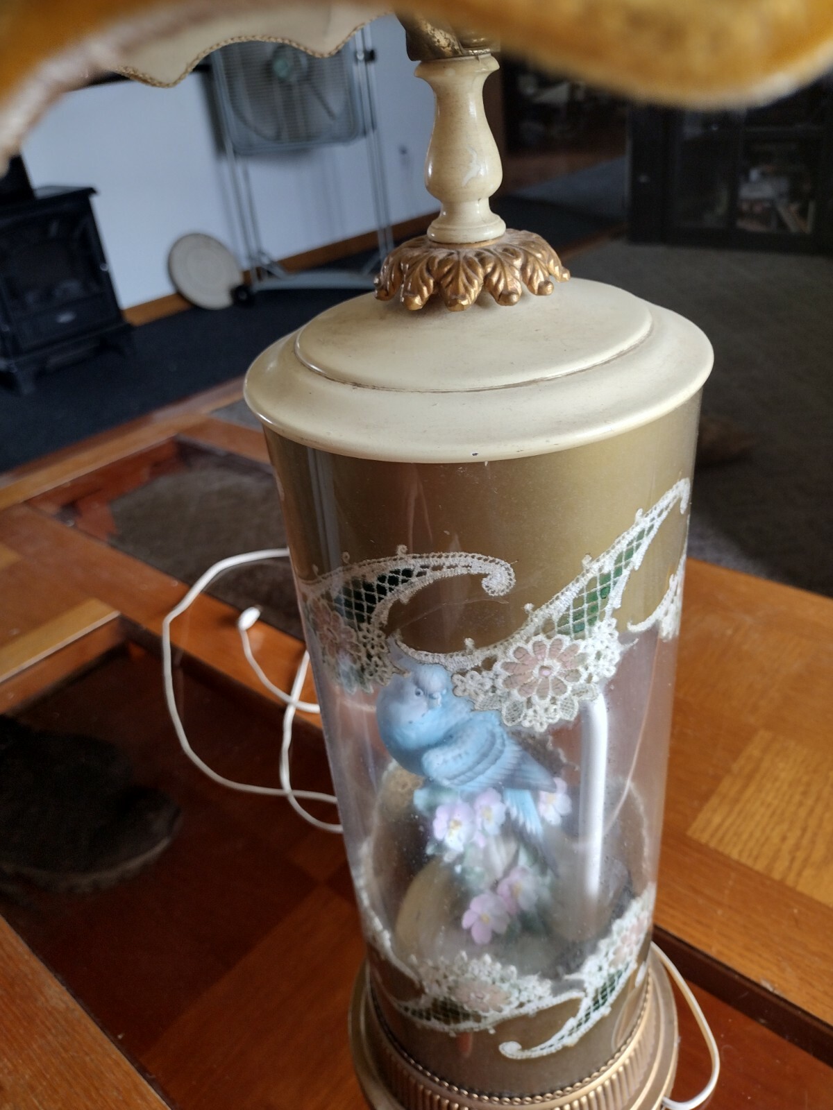 Vintage Antique Glass Lamp Decorated Floral and Bird inside 36″ tall SEE SEE