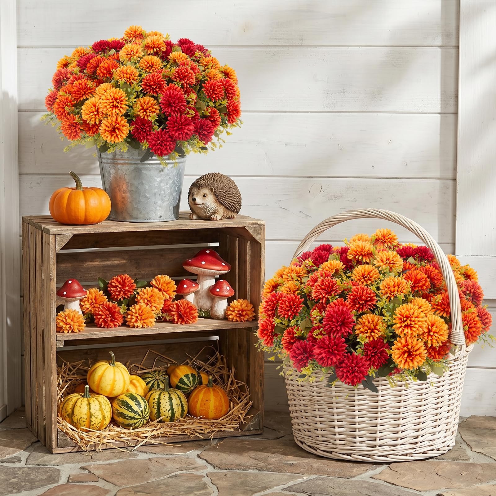 12 Pcs Artificial Fall Flowers for Outdoors, UV Resistant Fake Mums Chrysanth…