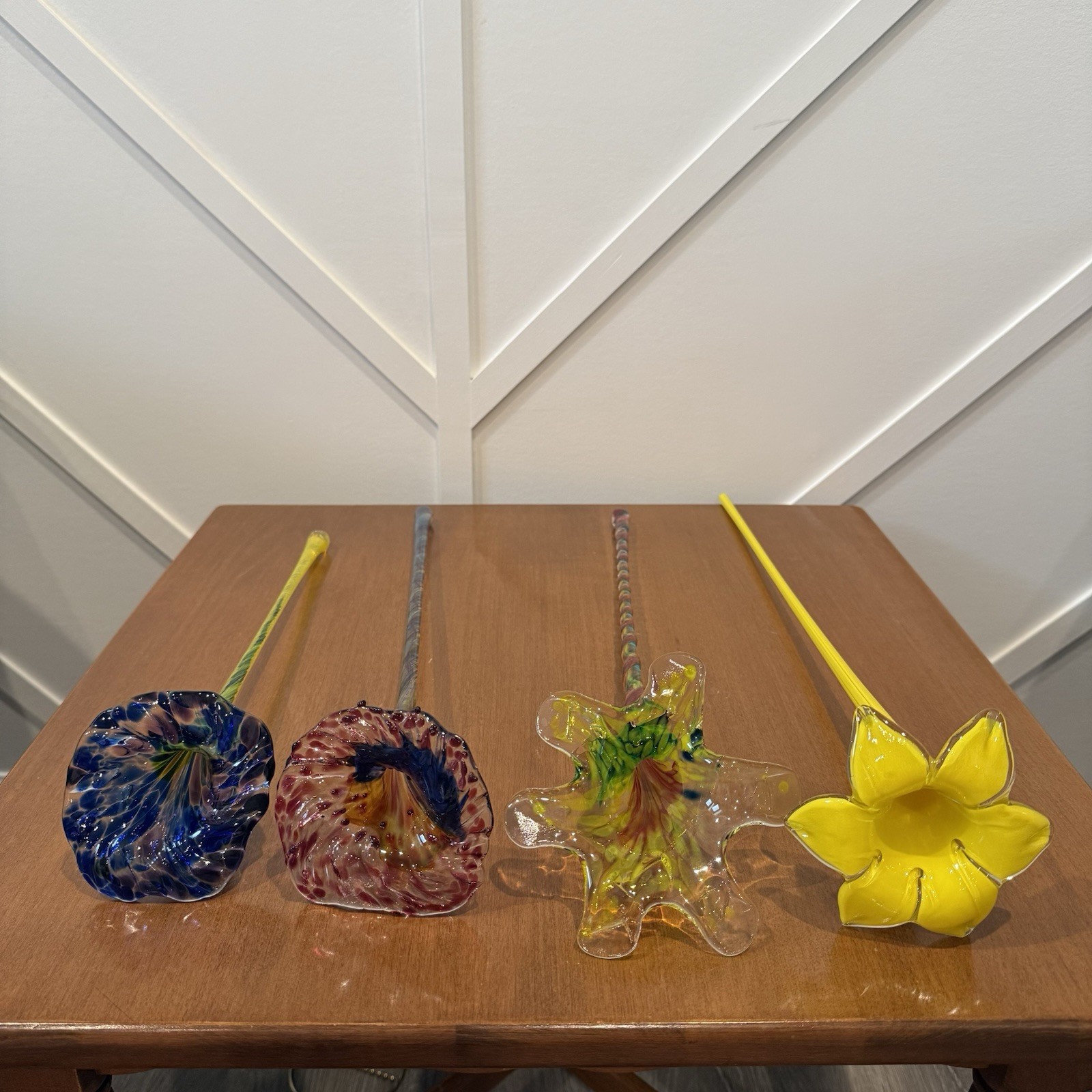 Vtg Murano Style Hand Blown Art Glass Long Stem Flower Bouquet 15-19″ Lot Of 4