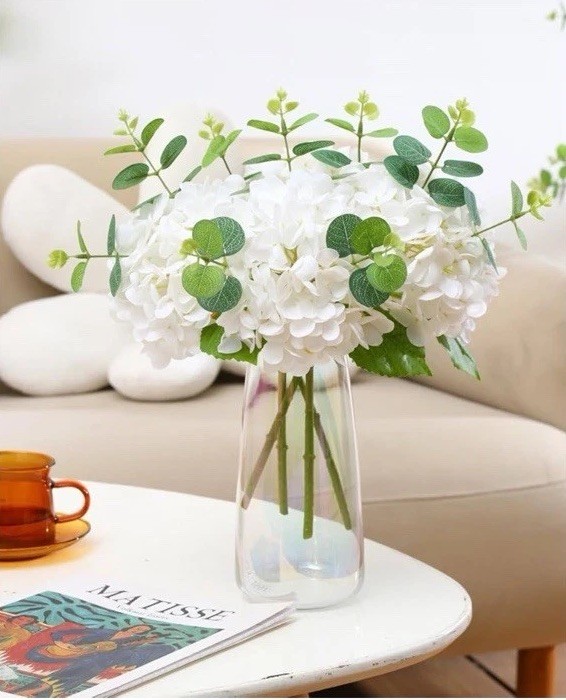 Fake Hydrangea Artificial Flowers With Vase 4 Pcs Real Touch And 3 Pc Eucalyptus