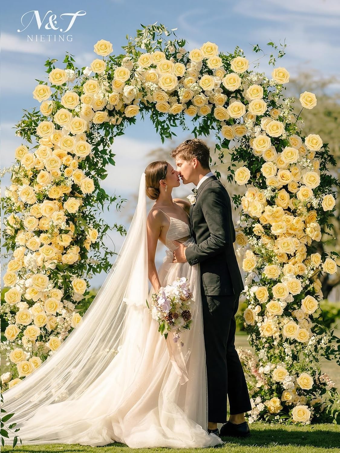 Elegant 25Pcs Artificial Goose Yellow Roses with Leaves for Festive Arrangements