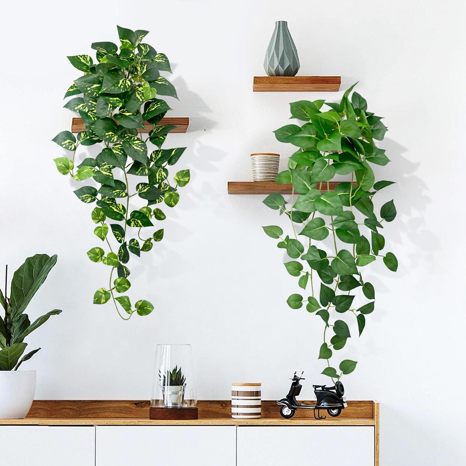 Artificial Hanging Plants with White Pots (2, Green and Yellow Green, 31.5”)