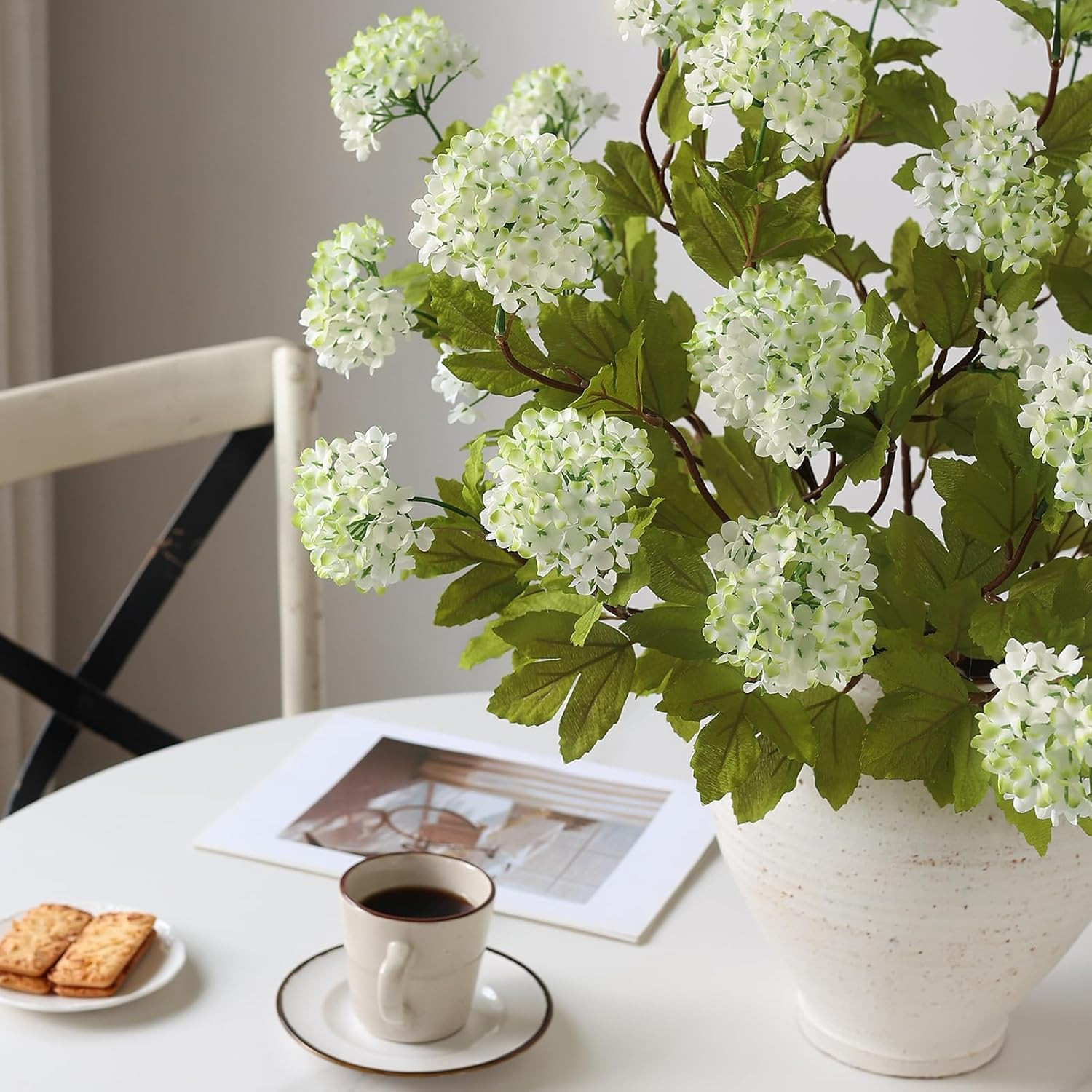 28″ Faux Hydrangea Flowers – 6 Pcs White-Green Silk Stems for Home Decor