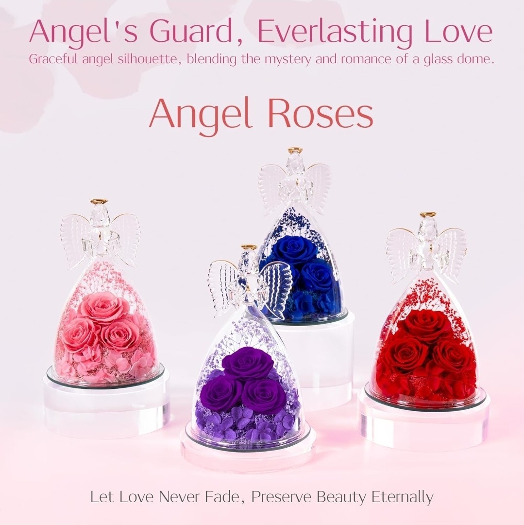Valentines Flower Gift for Grandma Mom, Forever Real Roses in Angel Figurine