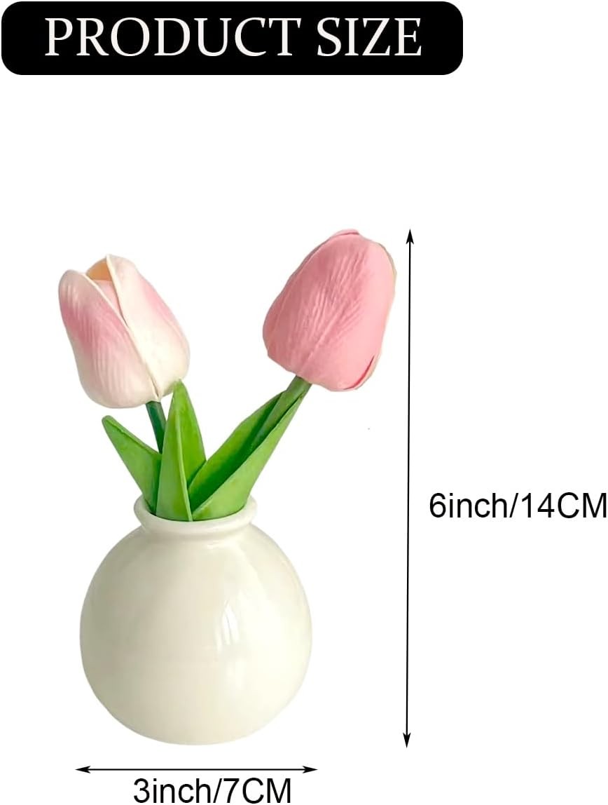 Artificial Tulip Flowers,Table White Ceramic Vase Pink Green Leaf Dried Flower