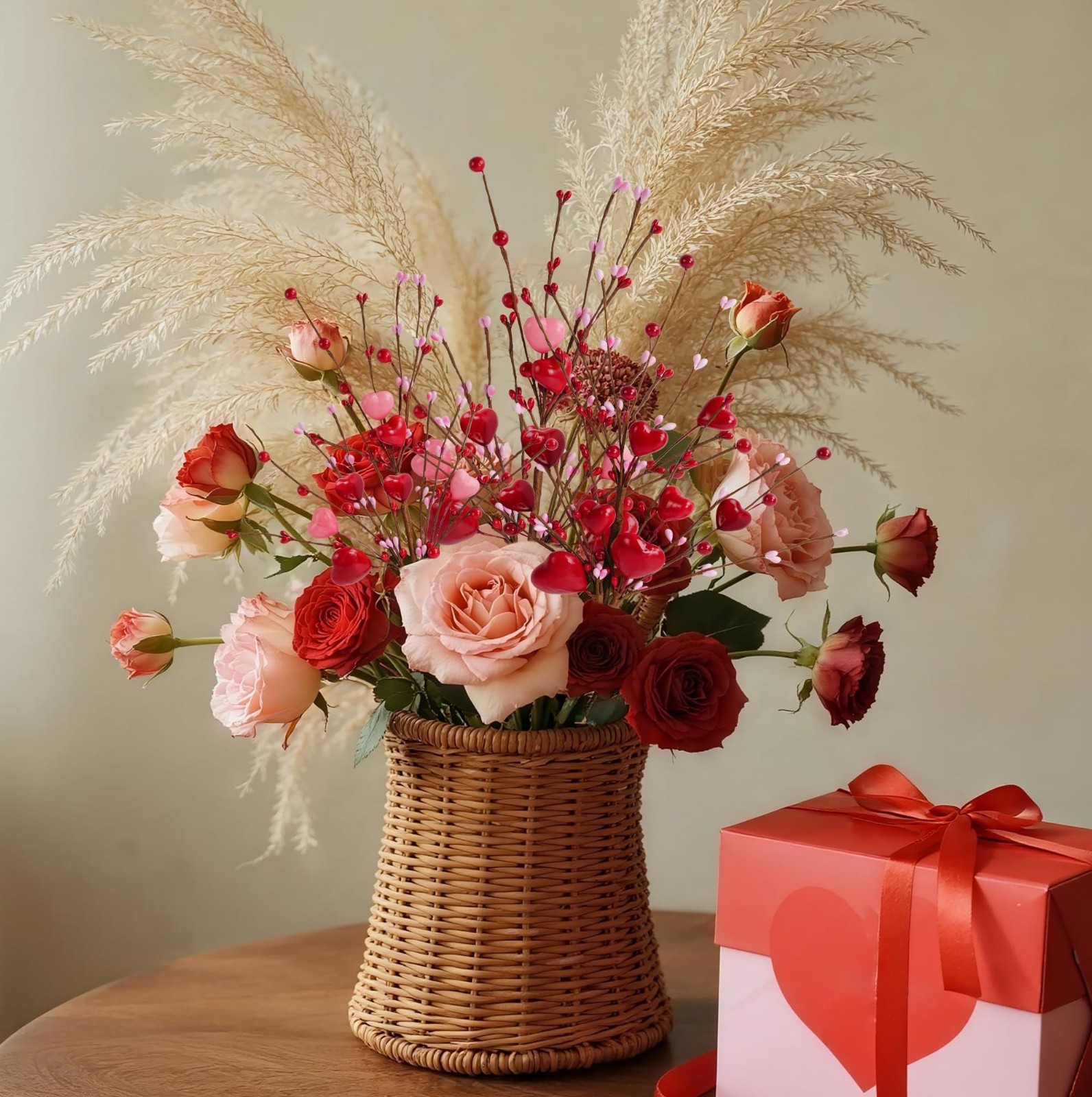 Valentine’s Day Decorations – 6 Pcs Heart Picks with Red Pink Flowers & Berries