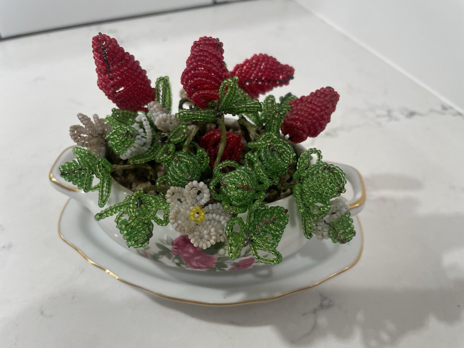 Vintage Seed Bead Arrangement In Royal Crown Mustard Porcelain Dish