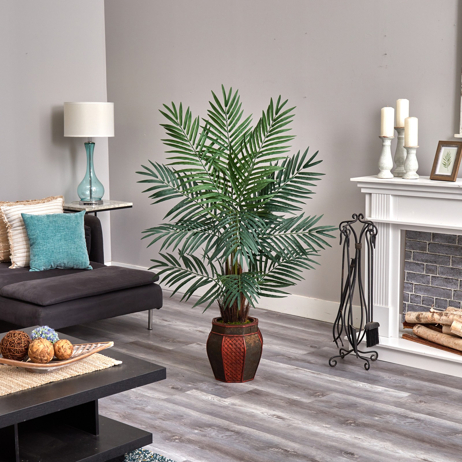 Nearly Natural 5ft Areca Palm Artificial Tree in Weave Planter in Green