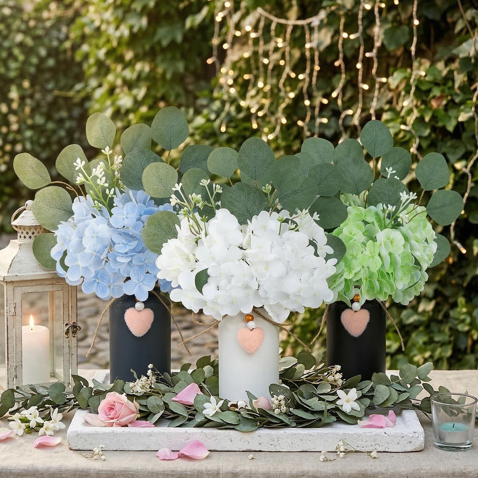 Artificial Hydrangea Flowers in Mason Jar Vase, Set of 3 Faux Hydrangea and E…