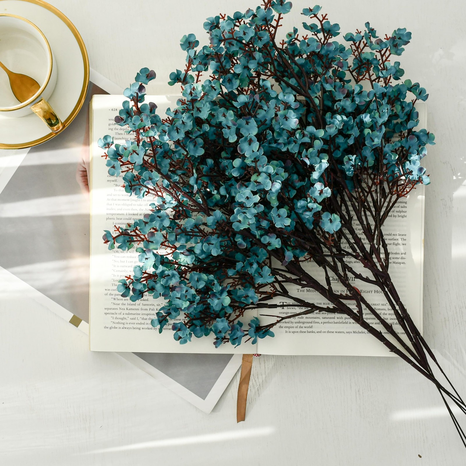 Teal Silk Baby’s Breath Flowers – 6 Bundles, 18.7″ Faux Florals with Flexible…
