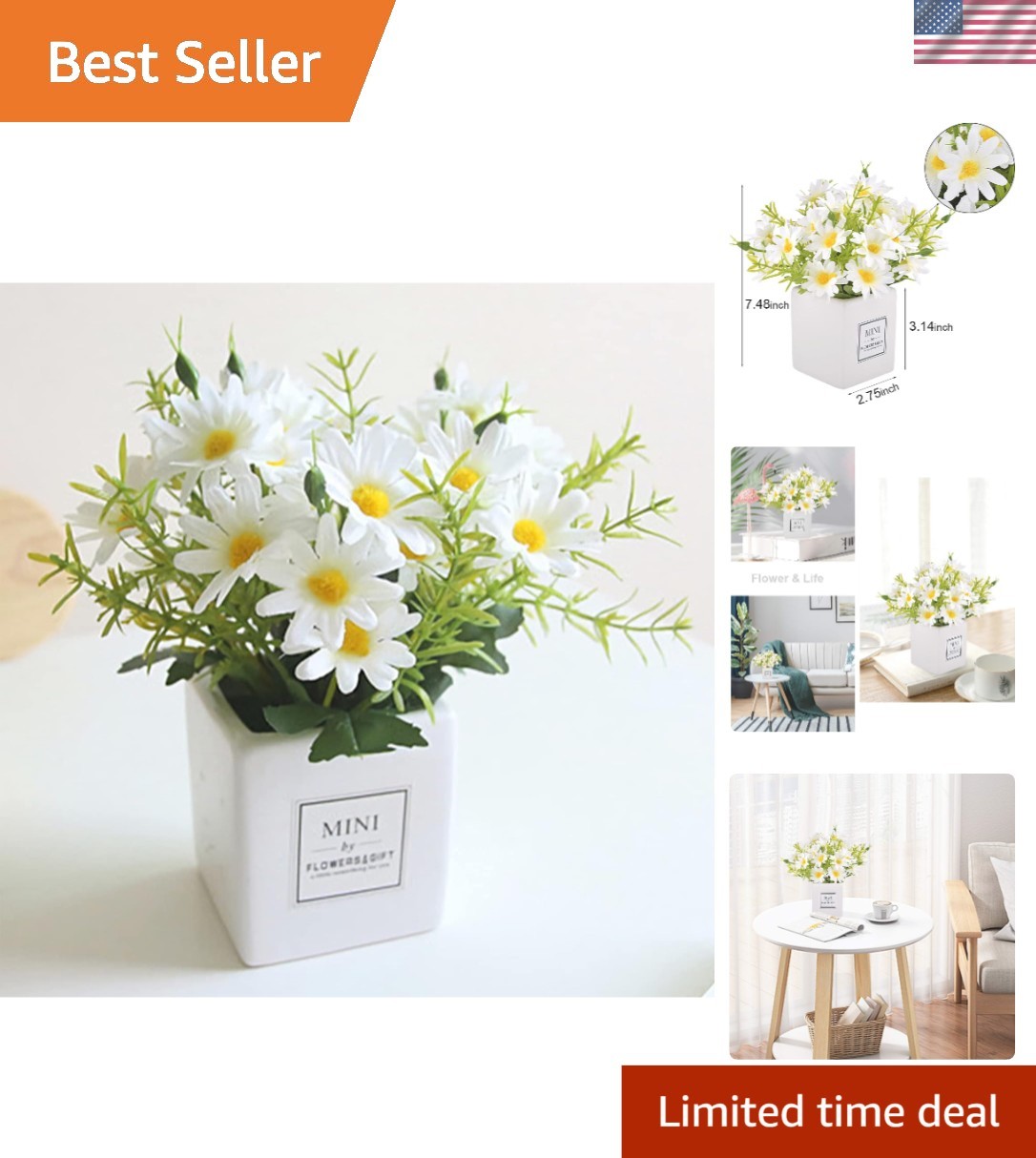 Elegant Mini Faux Daisy Flower in Ceramic Vase – Perfect Home Decor Accent