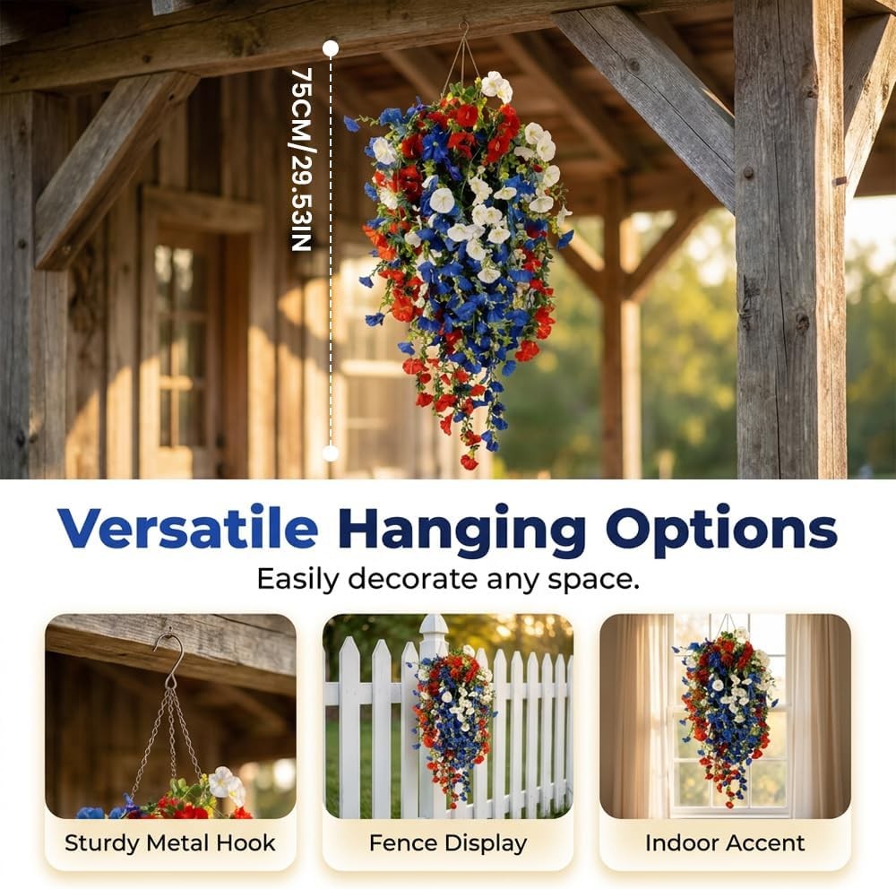 2026 Red White Blue Hanging Flowers Patriotic Faux Basket 4th July Porch Decor