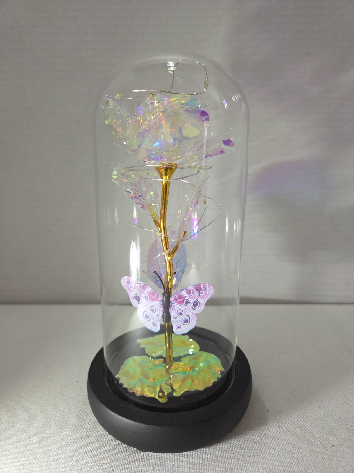 Glass Dome Enchanted Galaxy Rose & Butterfly Iridescent with LED Lite 3 AAA Batt