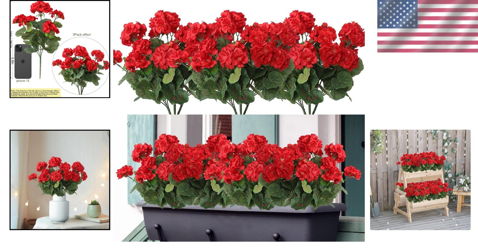 Vibrant Red Faux Geraniums – Pack of 3 for Effortless Spring & Summer Decoration