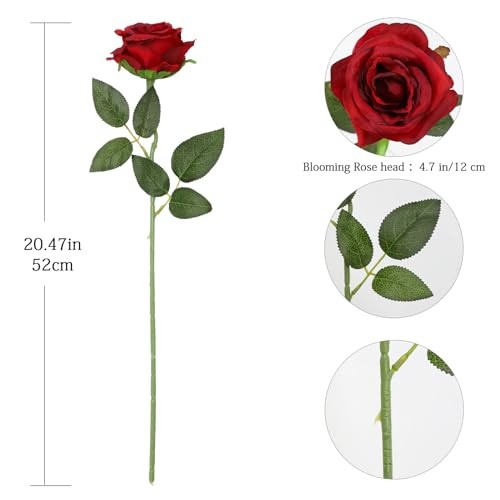Red Roses Artificial Flowers – 12 pcs Realistic Long Stem Fake Roses Burgundy