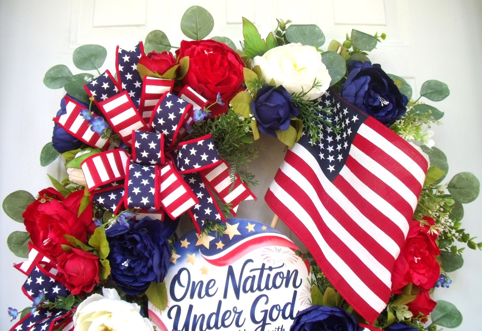 Patriotic Peony/Flag Wreath, Red/White/Blue, One Nation Under God