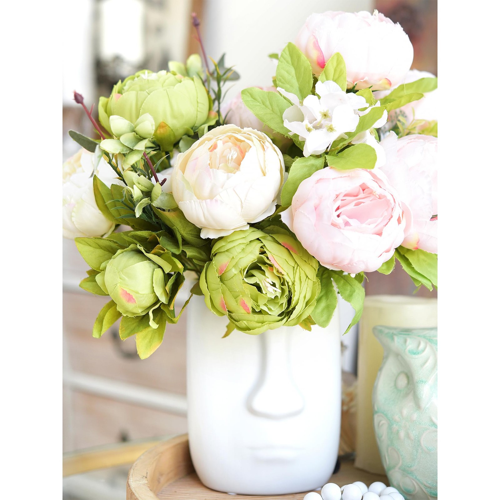 Artificial Peony Bouquets, 2 Cream Beige & Moss Green Silk Flower Bundles for…
