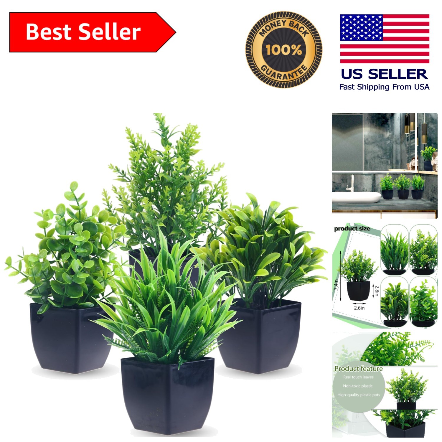 4 Pack Mini Artificial Eucalyptus in Black Pots – Maintenance-Free Indoor Decor